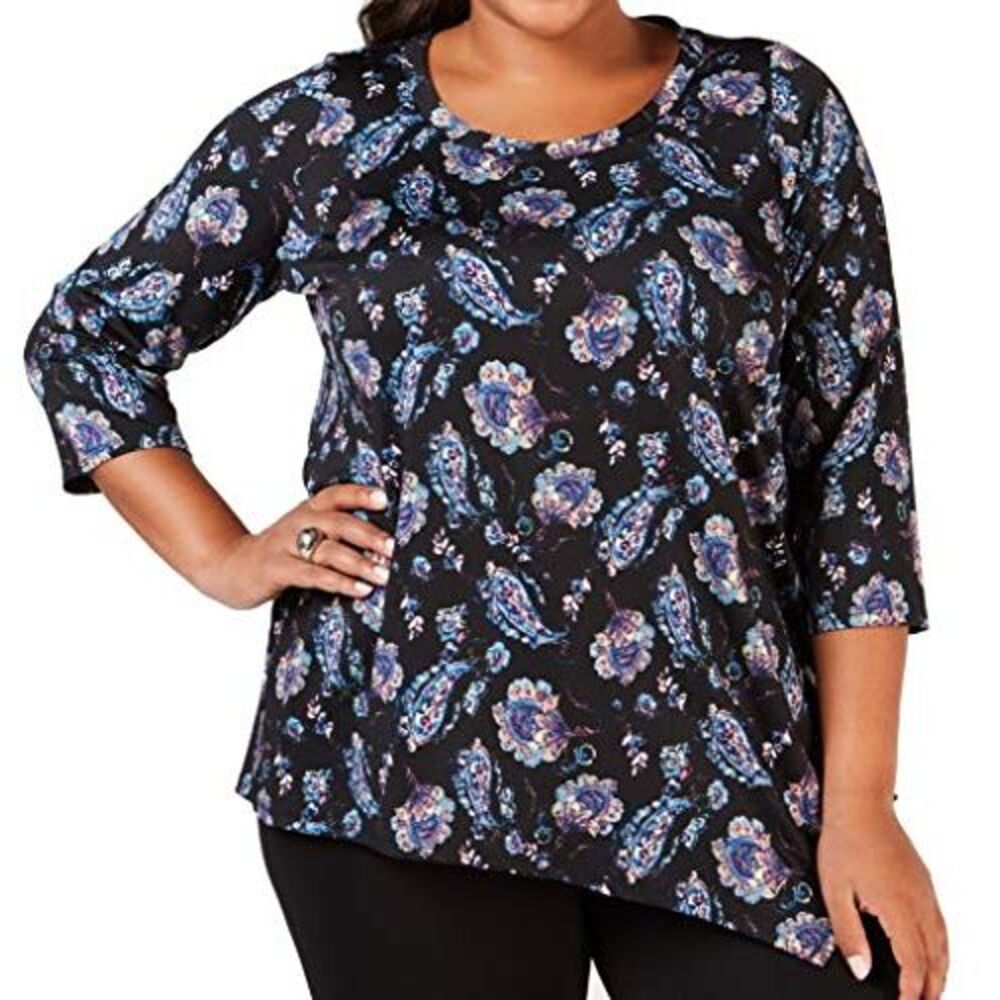 NY Collection Plus Size Printed Asymmetrical-Hem Top